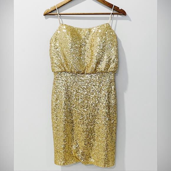 Christina Wu Gold Sequins Sheath Mini Dress Spaghetti Straps Size 8 EUC